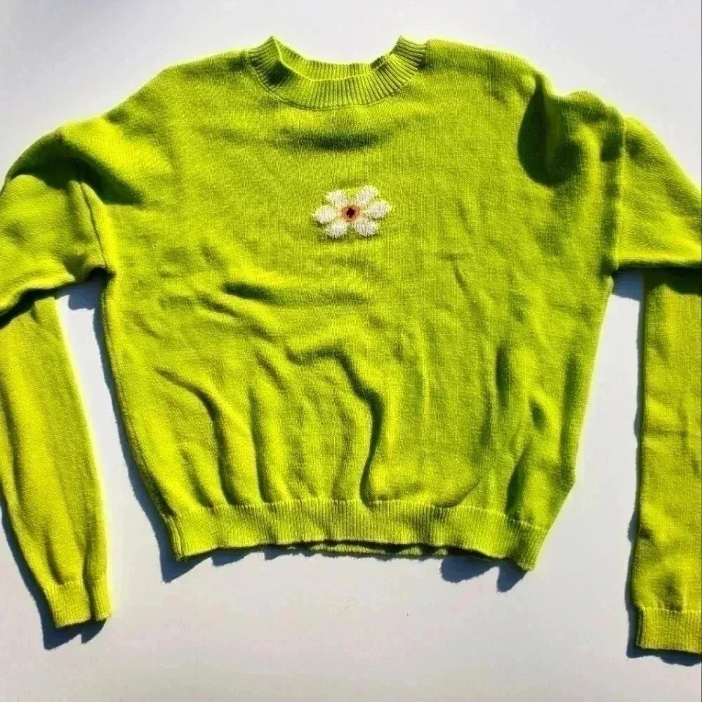 Neon Green Floral Flower Daisy Emo Girl Hippie Trendy Womens Sweater X-small